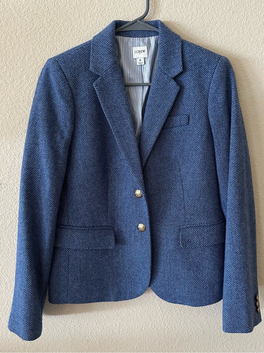 J. Crew Factory Blue Herringbone Gold-Button Tailored Blazer Wool Blend size 6 - Picture 2 of 7